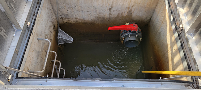  Looking down into a four-sided concrete chamber, which is the inside of the sea lamprey trap. Water covers the bottom, metal stair rungs are on the left side, a funnel-shaped metal piece protrudes into the chamber on the far left side that serves as a trap mouth where sea lampreys enter the trap, and a valve with a red handle that allows water to flow through the chamber is located on the far side.